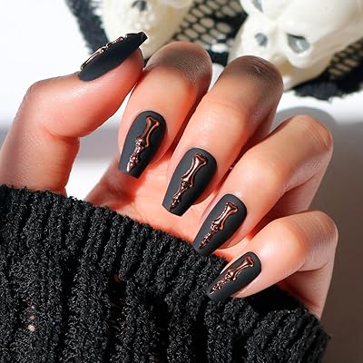 Glamnetic Rosy Remains Press On Nails - Charcoal Gray Skeleton Coffin Nails