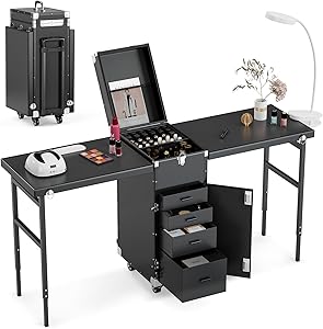 Icoget Portable Nail Table Desk with Rolling Wheels and Makeup Train Case Review