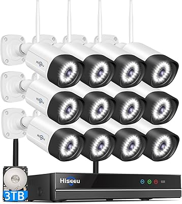 Hiseeu 3MP Wireless Security Camera System with 12 Cameras and 3TB HDD