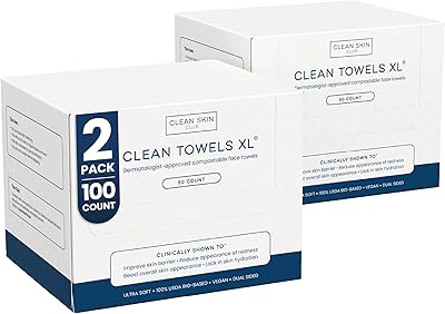 Clean Skin Club Clean Towels XL, 100% Biobased Face Towels, 100 Count