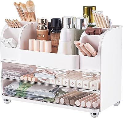 UFORU Makeup Organizer for Vanity with 2 Large Drawers, White
