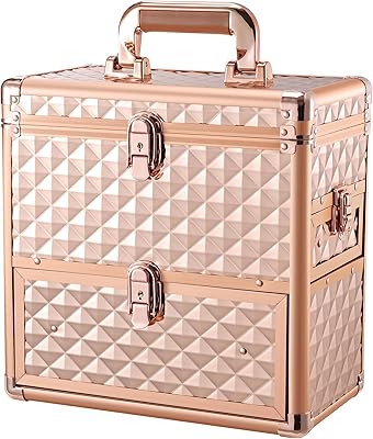 Makeup Train Case Rose Gold with Mirror and Drawer