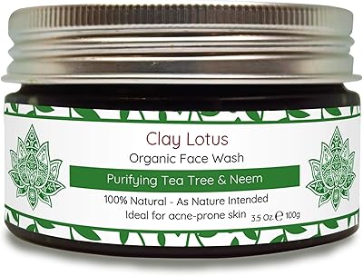 Clay Lotus Organic Face Wash - Acne-Prone, Oily Skin Cleanser with Tea Tree Oil & Neem, 3.5oz