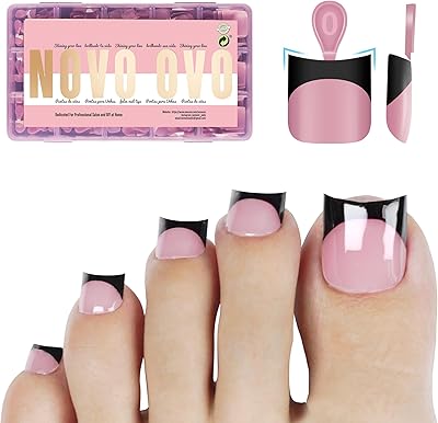 NOVO OVO Halloween Black French Tip Toe Nail Tips, Berry Pink