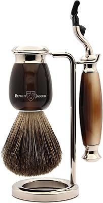 Edwin Jagger Imitation Light Horn & Nickel Shaving Set with Mach 3 Razor and Pure Badger Brush