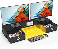 YAOHUOO Dual Monitor Stand with LED Light and 2 Drawers — image 1