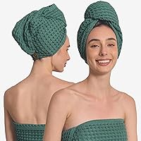 KOSMU Hair Towel - 100% Cotton Silk Hair-Drying Waffle Wrap Turban (Forest Green) — image 1
