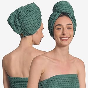 KOSMU Hair Towel - 100% Cotton Silk Hair-Drying Waffle Wrap Turban (Forest Green) Review