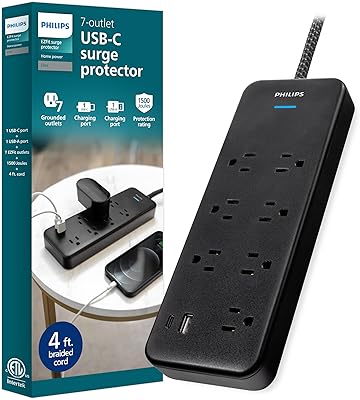 Philips 7-Outlet Adapter Spaced Surge Protector with USB Charging, 4ft Braided Cord