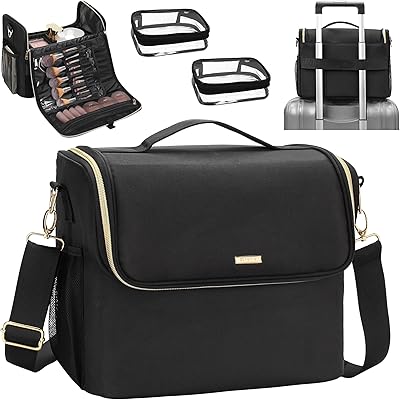 Large Makeup Carrying Train Case with Adjustable Dividers and Shoulder Strap (Black)