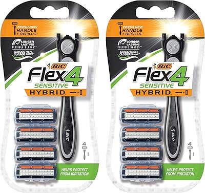 BIC Flex 4 Sensitive Hybrid Titanium Men's Disposable Razors, 8 Cartridges & 2 Handles