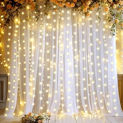 Tao-Ge White Sheer Tulle Backdrop Curtains with Lights String, 10ft x 8ft