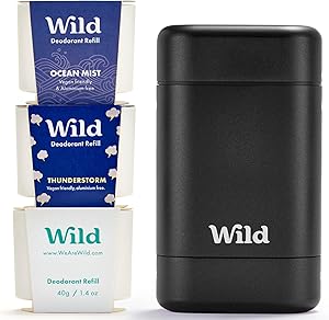 Wild Refillable Deodorant Starter Kit - Black Case with Fresh Cotton & Sea Salt, Ocean Mist & Thunderstorm Scents