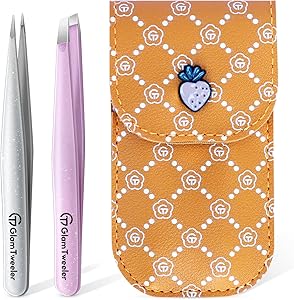 GlamTweeler Expert Slant and Point Tip Tweezer Set - Sparkle Baby Pink + Silver