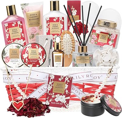 LILY ROY 19-Piece Rose & Cherry Blossom Spa Gift Basket Set