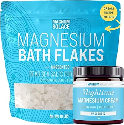 Magnum Solace Magnesium Flakes for Bath with Nighttime Magnesium Cream, 10 lbs