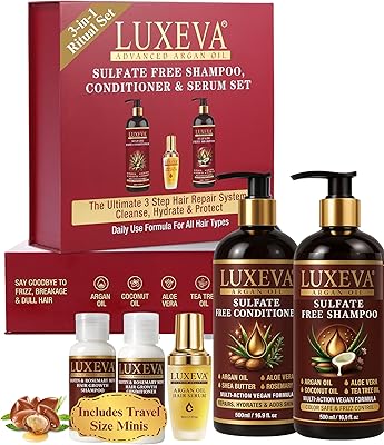 LUXEVA Professional Damage Repair System - Argan Oil Shampoo, Conditioner & Serum Set