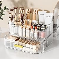 Delamu Makeup Organizer with Stackable Drawers and 360° Rotating Brush Holder — image 1