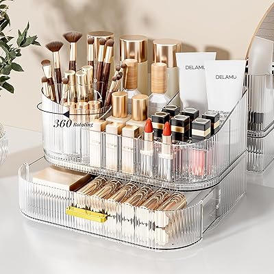 Delamu Makeup Organizer with Stackable Drawers and 360° Rotating Brush Holder