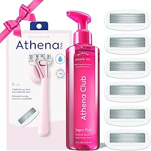 Athena Club Women's Razor Shave Kit, Rose Handle + 6 Blade Refills + Super Pink Glossy Shave Oil