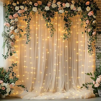 HOLITS Tulle Curtain Backdrop with 300 LED Lights, 10ft x 10ft