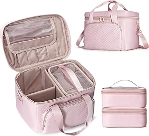 Travel Makeup Bag with 2 Pouches, Adjustable Dividers, Pink Review