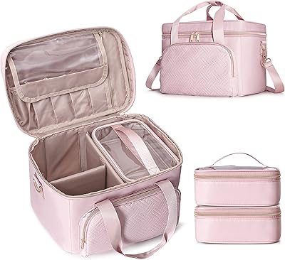 Travel Makeup Bag with 2 Pouches, Adjustable Dividers, Pink