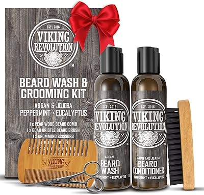 Viking Revolution Beard Brush and Comb Set with Peppermint Eucalyptus Beard Wash and Conditioner