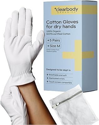 Clearbody Organics 100% Organic Cotton Gloves - 5 Pairs, Medium, White