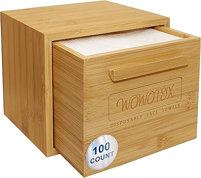 WOWOTEX Bamboo Towel Container with 100 Biodegradable Disposable Face Towels