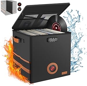 Adworte Vinyl Record Storage Box with Lock, Fireproof & Water Resistant, Holds 100+ Records