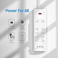 Bototek 10ft Surge Protector Power Strip with 10 AC Outlets and 4 USB Ports — image 2